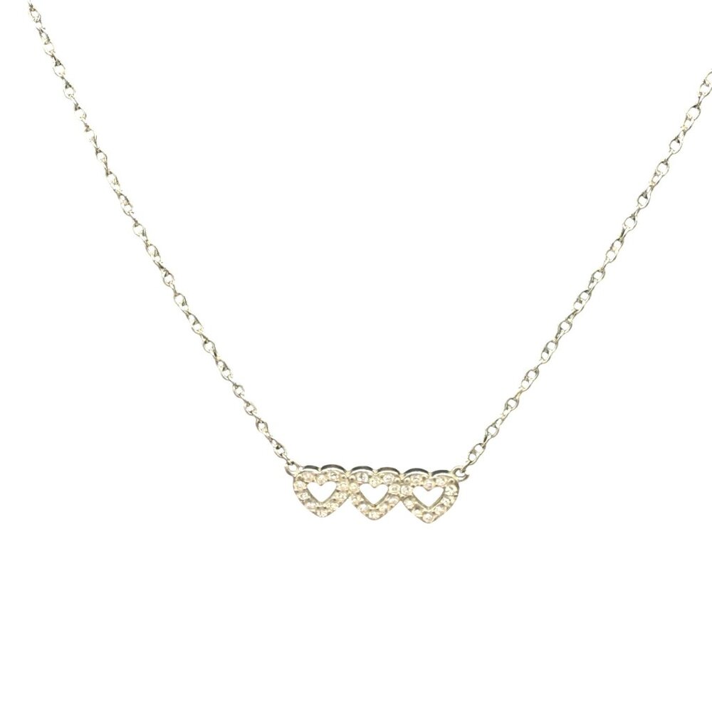 VTG La Cn Rhinestone Hearts Pendant Chain Necklace Silver Tone Y2K Minimalist